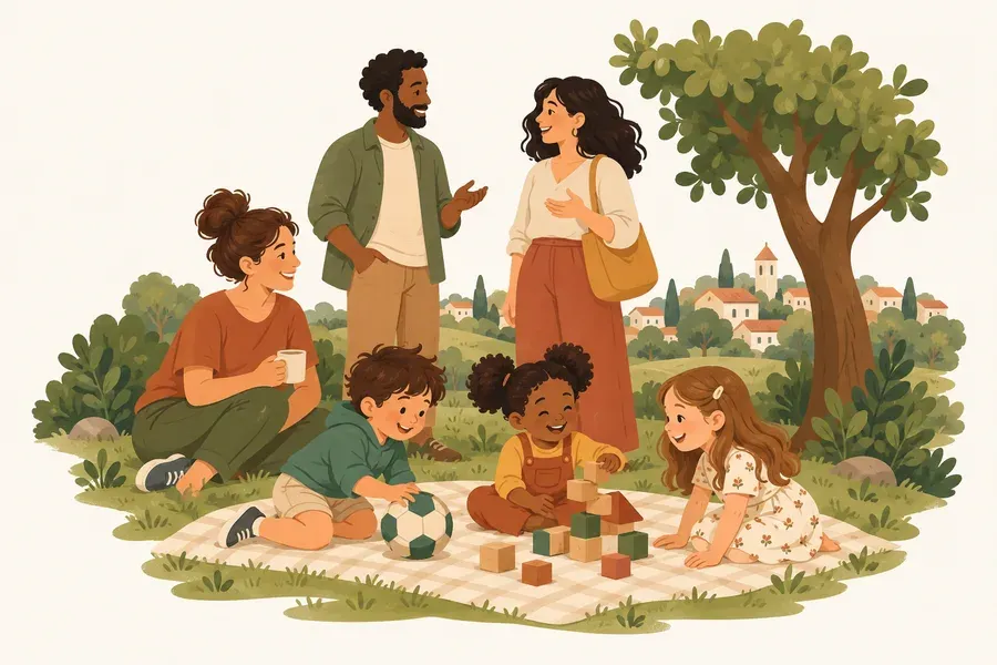 Families getting to know each other while their children play together in a park.