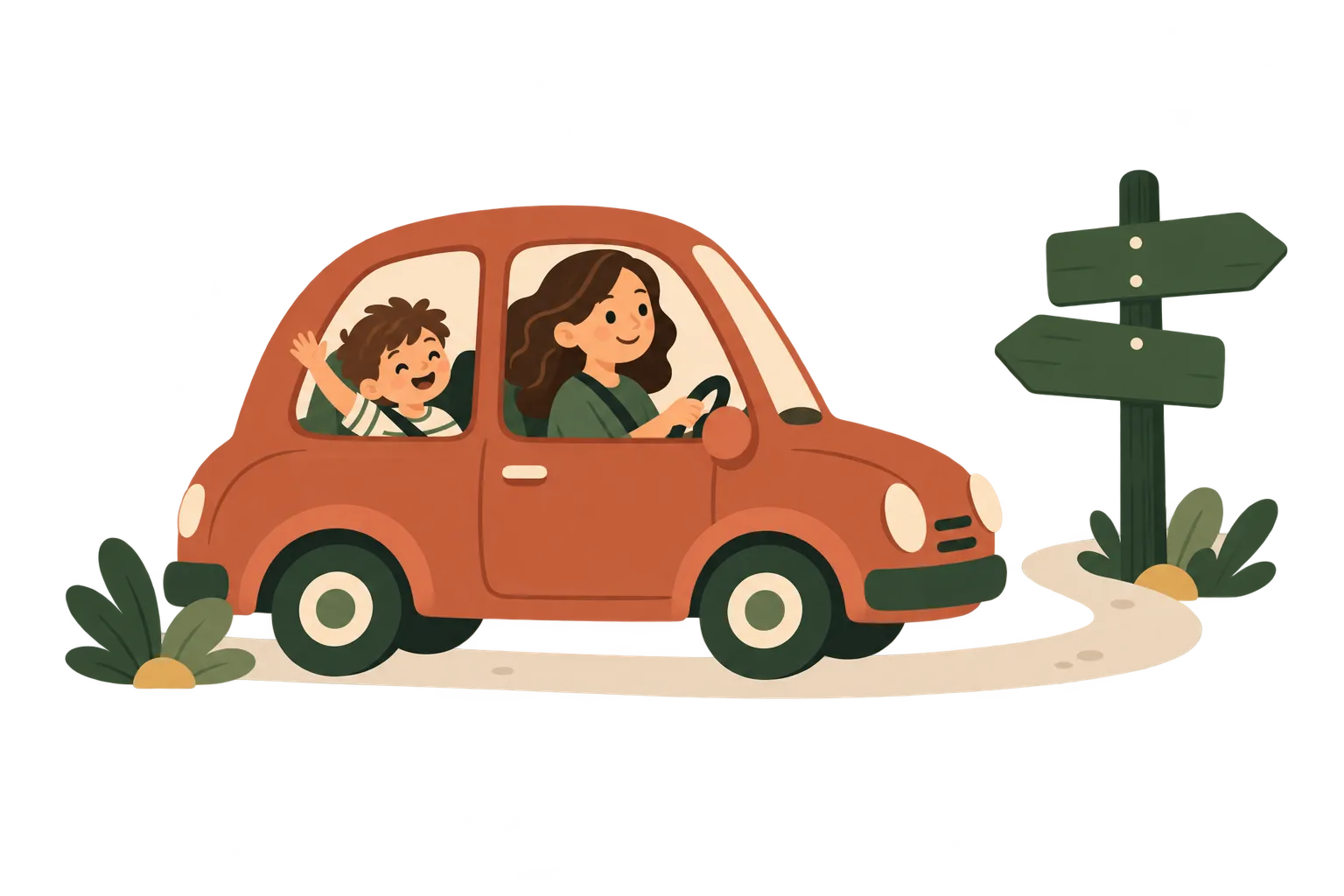 A parent driving a small terracotta car along a country road towards a signpost while a child waves from the back seat.