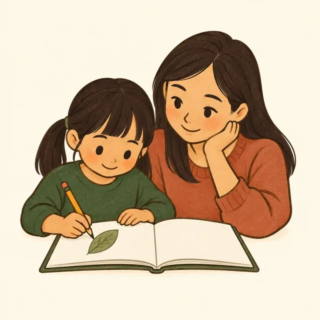 A parent encouraging a child as they draw a leaf in a workbook.