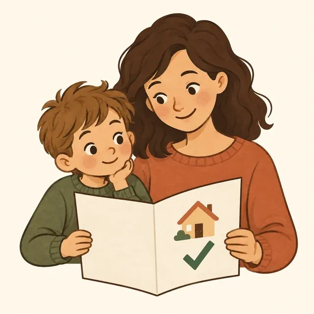 A parent and child reviewing a home education document with a green check mark.