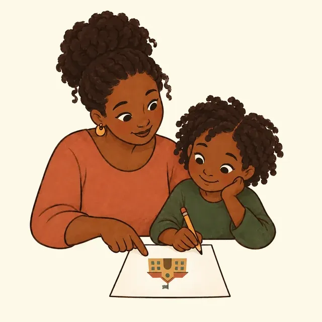 A parent and child completing a school registration form together.