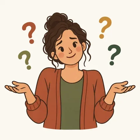 A parent raising their hands as question marks float around them.