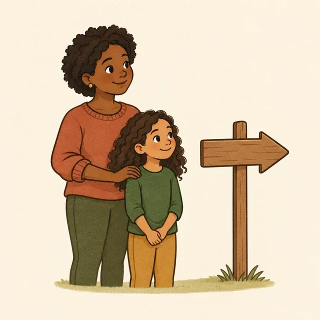 A parent reassuring a child beside a sign pointing forwards.